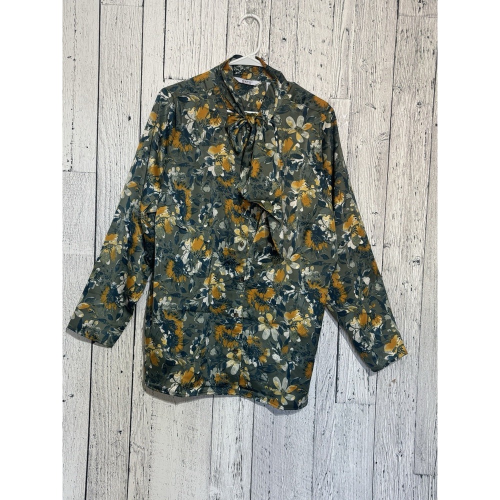 Denim & Co. Women Long Sleeve Floral Halter Neck Olive Green Shirt Size 1X NWT